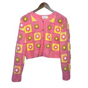 Pink Crochet Hippie Grandma Square Festival Sweater Kidcore Bright Cropped XL
